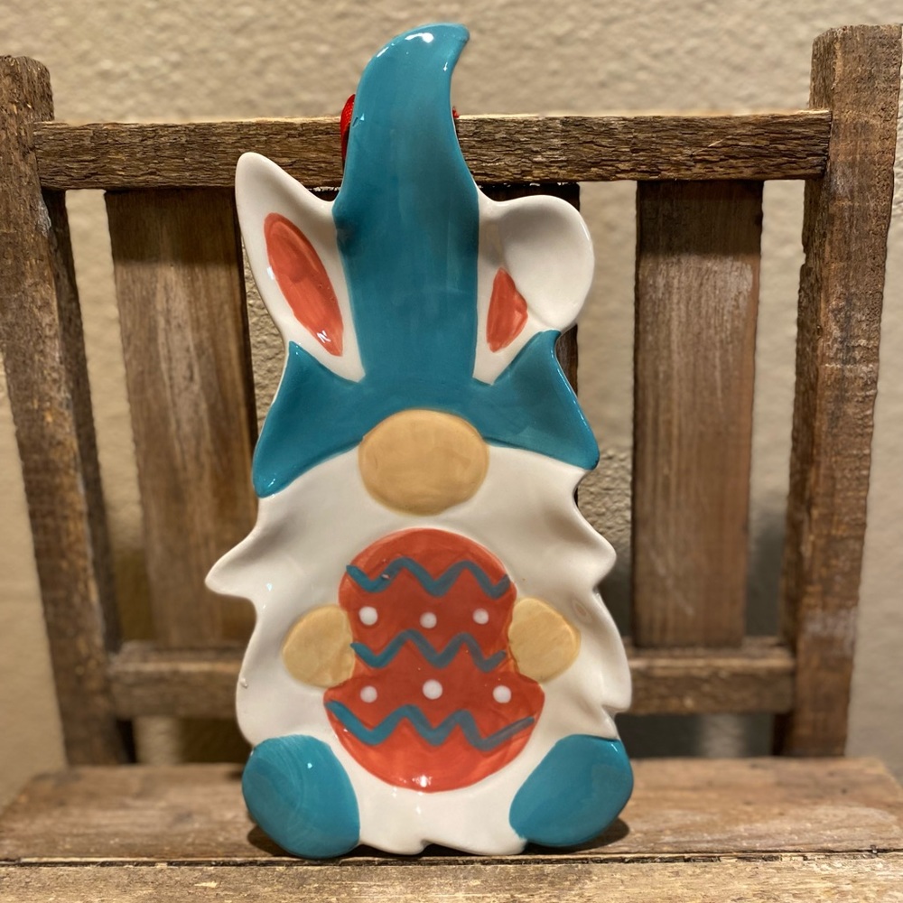 Easter Bunny Gnome Spoon Rest, Gnome Holding An Easter Egg Ceramic Spoon Rest